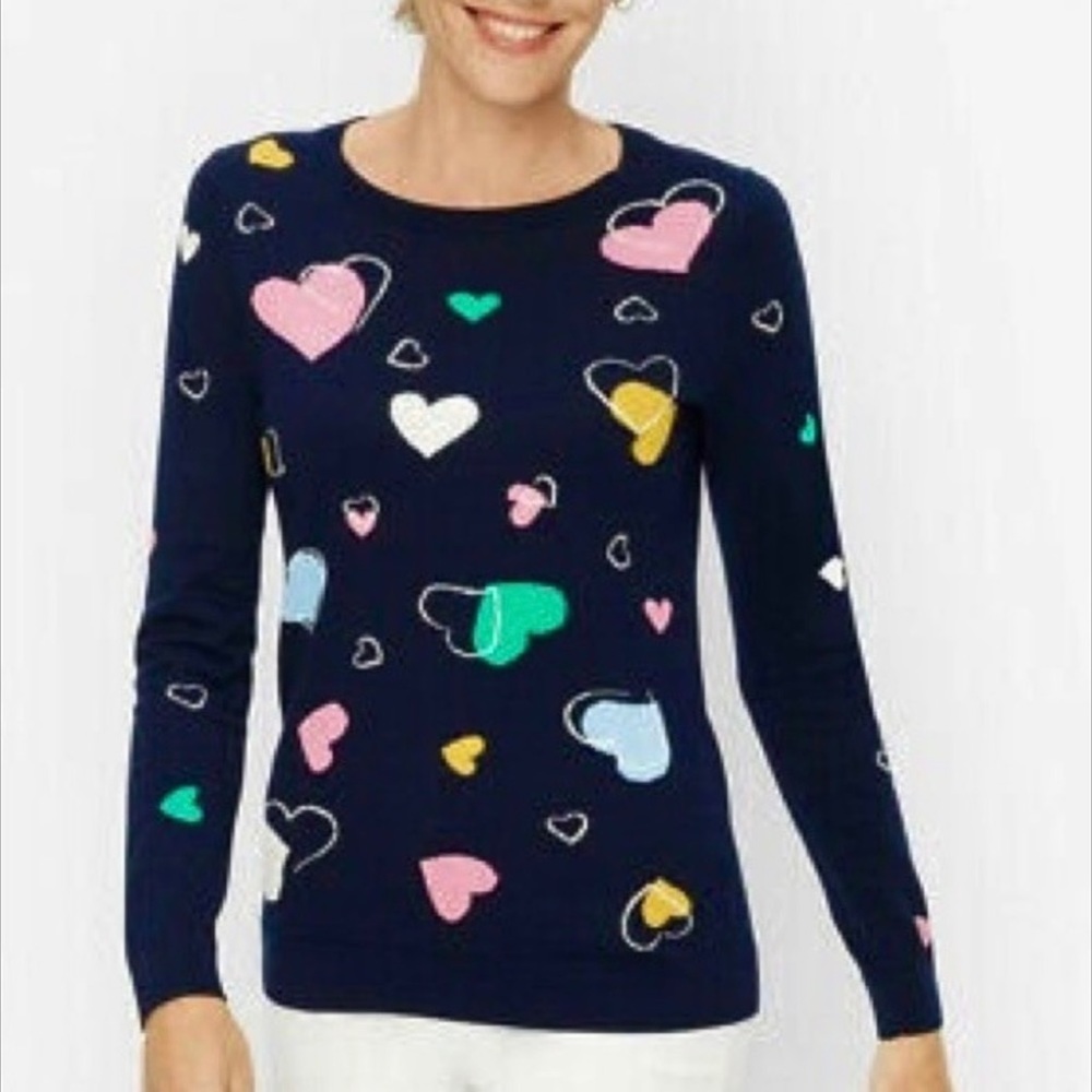 Talbots Navy Crewneck Pullover Tossed Hearts Long Sleeve Size XS